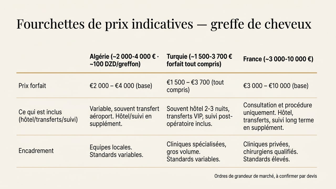 Tableau comparatif des fourchettes de prix d'une greffe de cheveux en Algérie, en Turquie et en France, avec ce qui est inclus dans chaque forfait