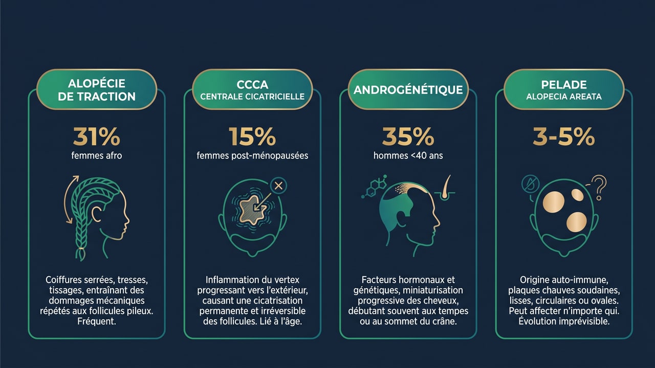 Les 4 causes principales de calvitie chez les patients afro : alopécie de traction, CCCA, androgénétique, pelade