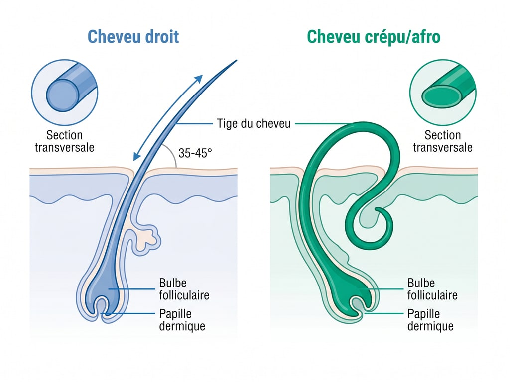 Comparaison anatomique entre cheveu droit et cheveu crépu — angle folliculaire, section transversale et morphologie