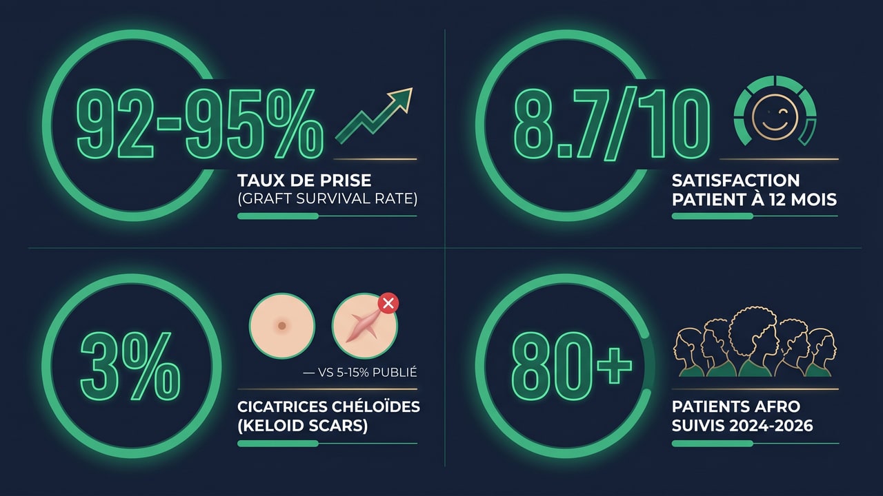 Résultats Renaissance Clinique : taux de prise des grafts, satisfaction patient et complications sur 80+ patients afro