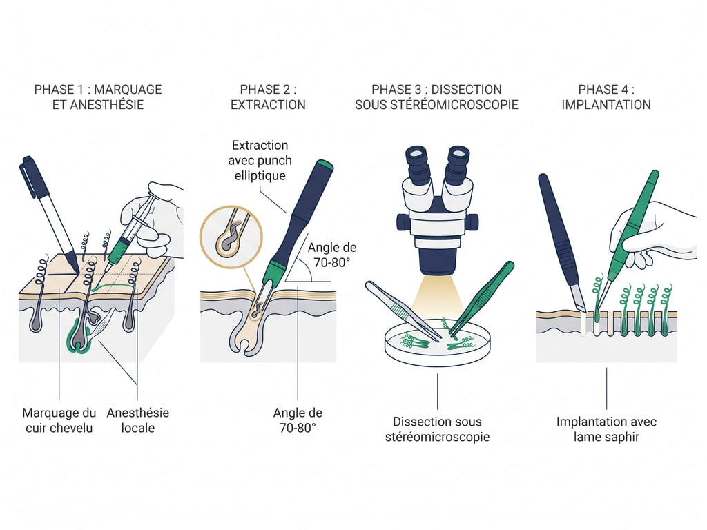 Les 4 phases de la FUE Saphir adaptée aux cheveux crépus : extraction, dissection, implantation