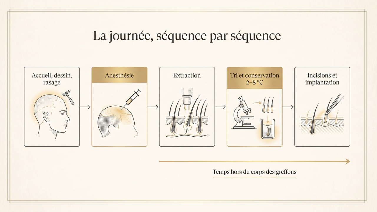 Schéma des cinq séquences d'une journée de greffe de cheveux — accueil et dessin, anesthésie, extraction, tri et conservation entre 2 et 8 °C, incisions et implantation — avec le temps hors du corps des greffons courant sur les trois dernières étapes
