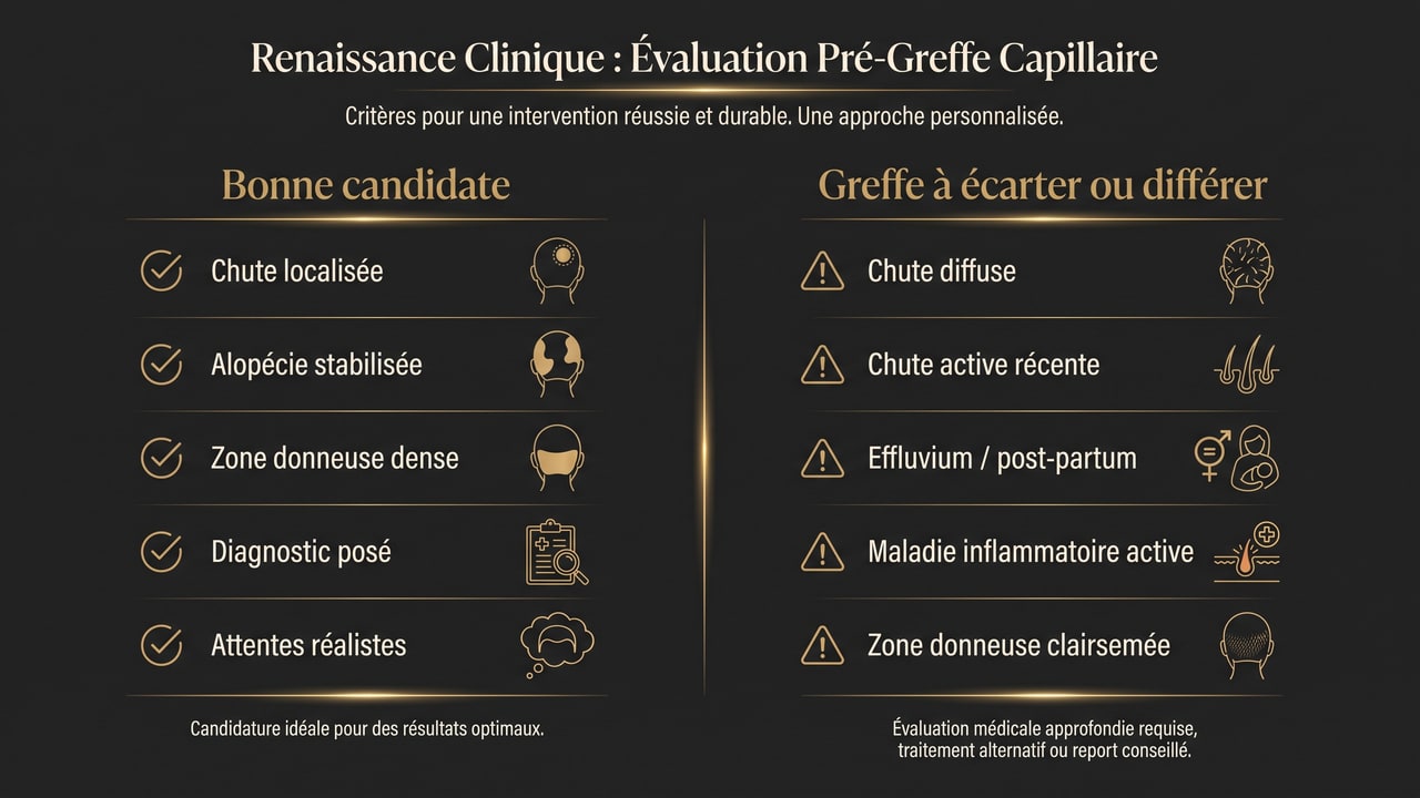 Infographie comparative : bonne candidate à la greffe de cheveux féminine vs situations où la greffe doit être écartée ou différée