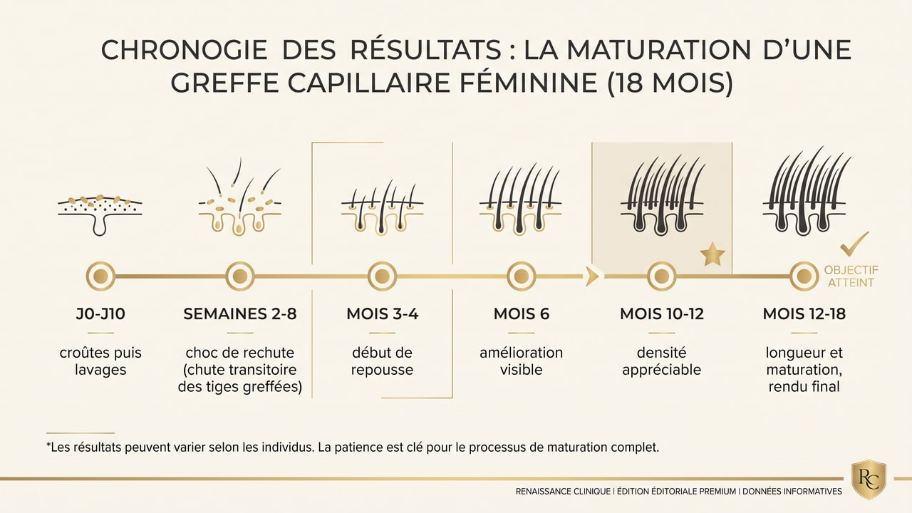 Infographie : calendrier des résultats d'une greffe de cheveux chez la femme, du choc de rechute au rendu final entre 12 et 18 mois