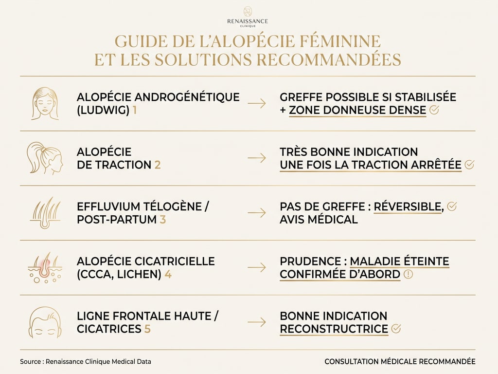 Infographie : les causes de chute de cheveux chez la femme et la bonne réponse pour chacune (greffe ou orientation médicale)