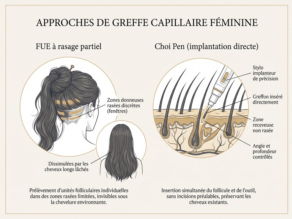 Schéma des techniques de greffe sans rasage complet chez la femme : FUE à rasage partiel et implantation directe au stylo Choi