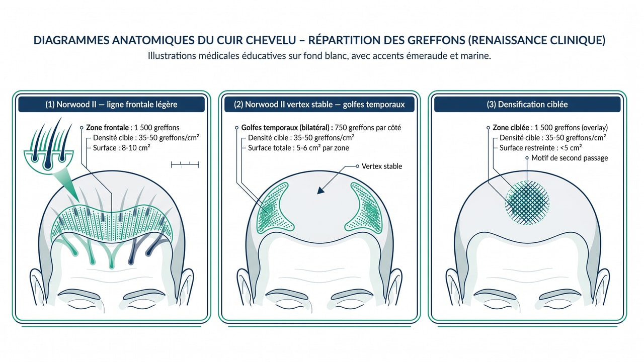 Trois scénarios de répartition de 1 500 greffons selon la zone — ligne frontale Norwood II, golfes temporaux bilatéraux, ou densification ciblée