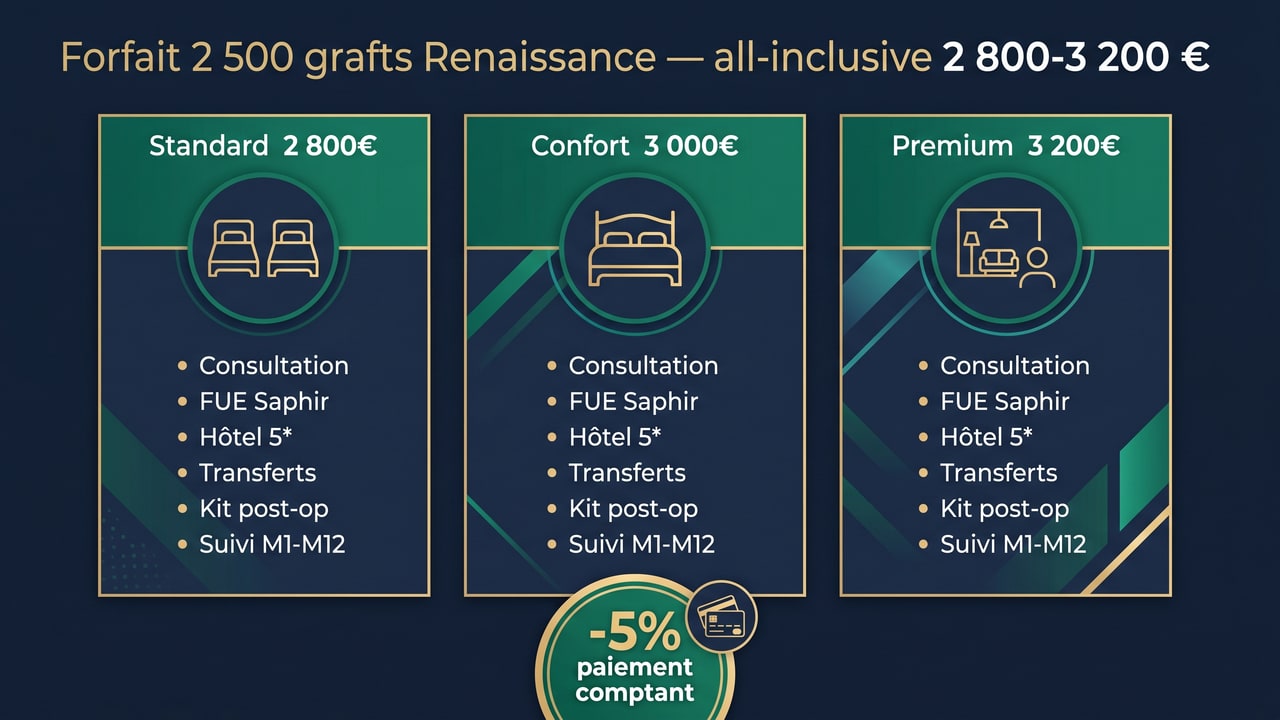 3 niveaux de forfait Renaissance Clinique 2 500 grafts : Standard 2 800 €, Confort 3 000 €, Premium 3 200 € — détail des inclusions all-inclusive