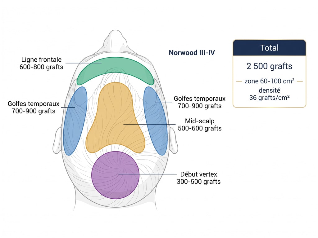 Diagramme anatomique de répartition des 2 500 greffons pour Norwood III-IV : ligne frontale, golfes, mid-scalp, début vertex — détail des volumes