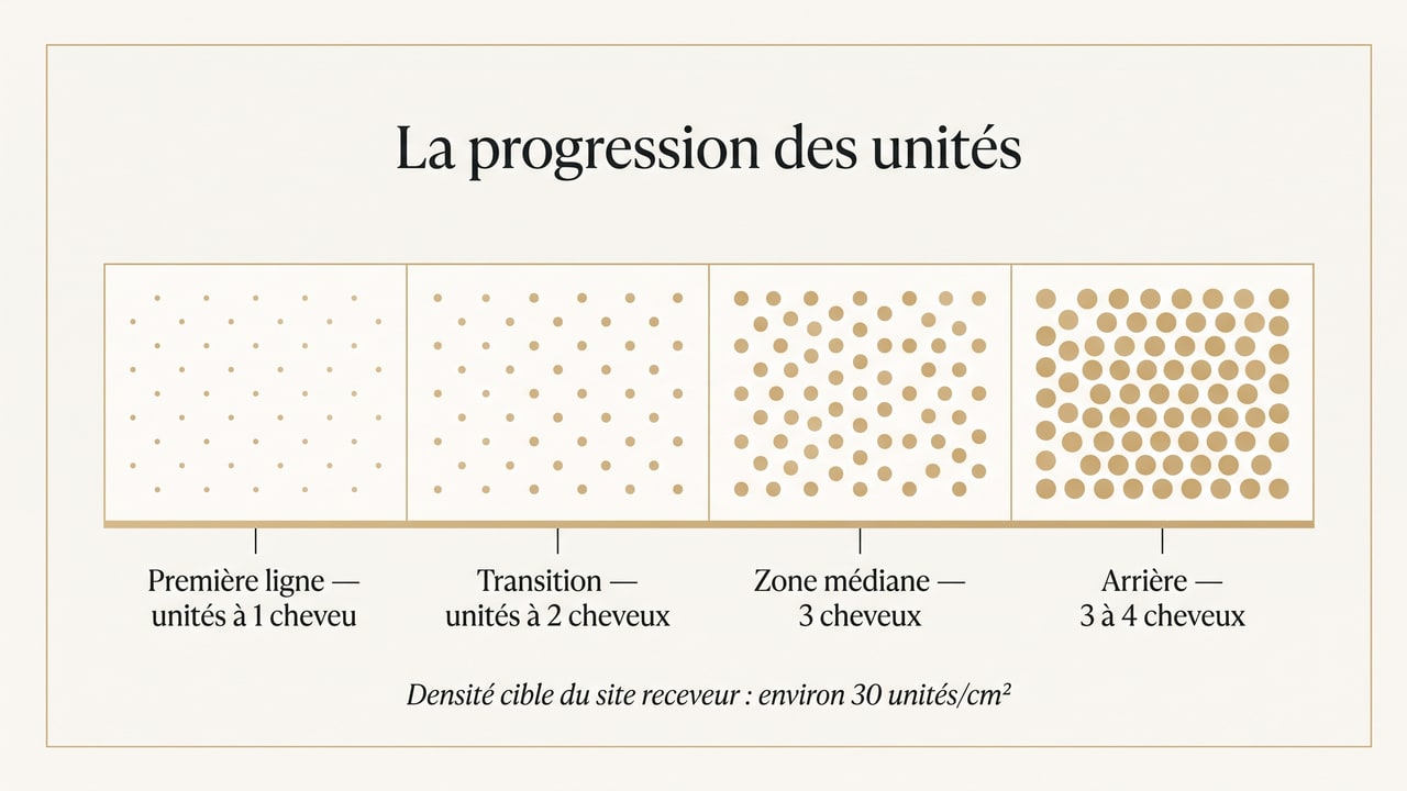 Schéma de la progression des unités folliculaires depuis la première ligne composée d'unités à un seul cheveu jusqu'aux zones arrière à trois ou quatre cheveux, avec une densité cible du site receveur d'environ 30 unités par cm²