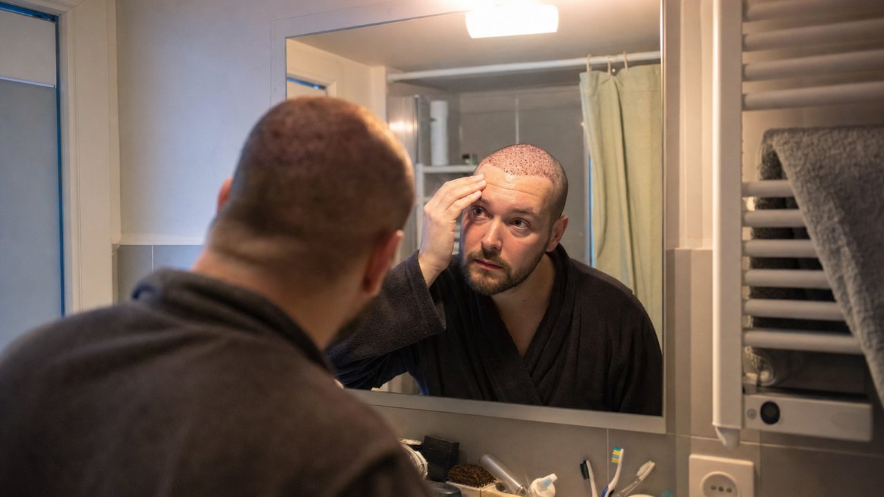 Homme au deuxième jour après une greffe de cheveux, front gonflé devant un miroir — l'œdème concerne 40 à 50 % des opérés et se résorbe en 5 à 7 jours