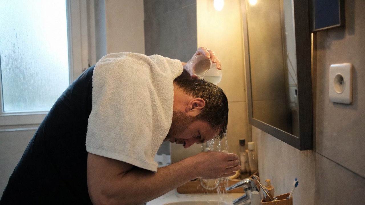 Premier lavage doux après une greffe de cheveux, eau versée sans frottement — un nettoyage dans les 72 heures réduit le risque de folliculite