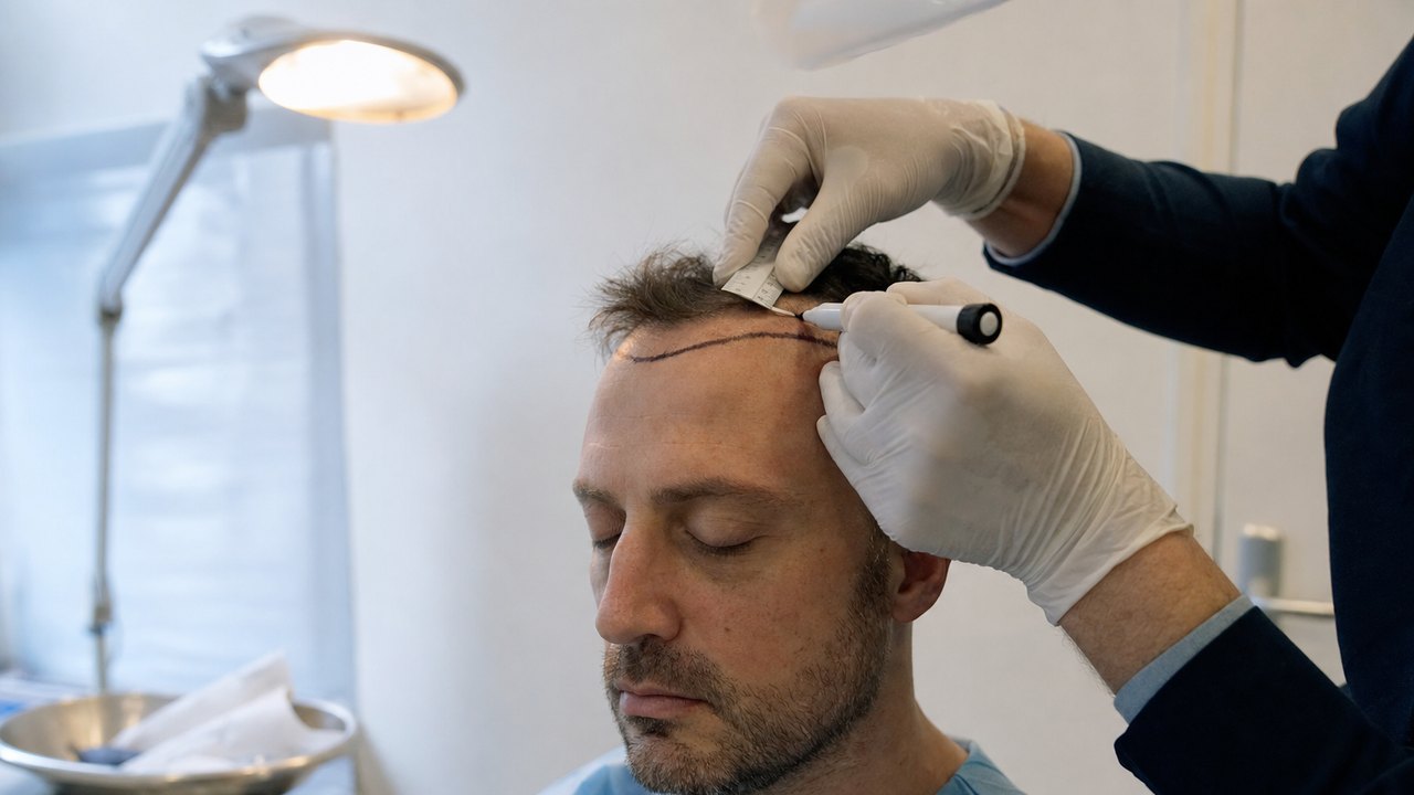 Tracé de la zone receveuse au marqueur chirurgical avant une greffe — c'est ce plan, et non un forfait, qui fixe le nombre de greffons et la densité