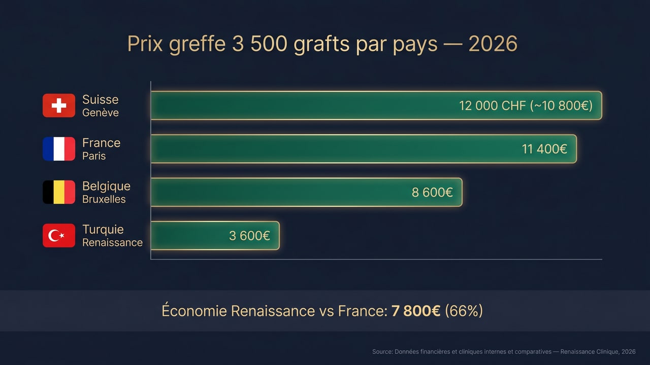 Barres comparatives prix greffe 3 500 grafts France/Belgique/Suisse/Turquie 2026 — économie de 66 % avec Renaissance Clinique Istanbul