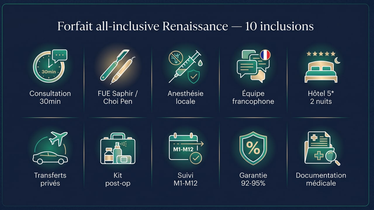 Forfait all-inclusive Renaissance Clinique avec 10 inclusions détaillées : consultation, intervention, hébergement 5 étoiles, transferts, suivi M1-M12, garantie écrite