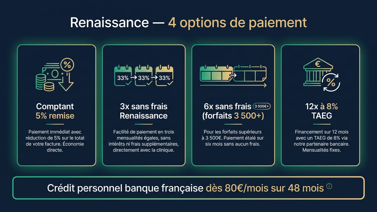 4 options de paiement Renaissance Clinique : comptant 5 % remise, 3x ou 6x sans frais Renaissance, 12x à 8 % TAEG, ou crédit personnel 80 €/mois sur 48 mois