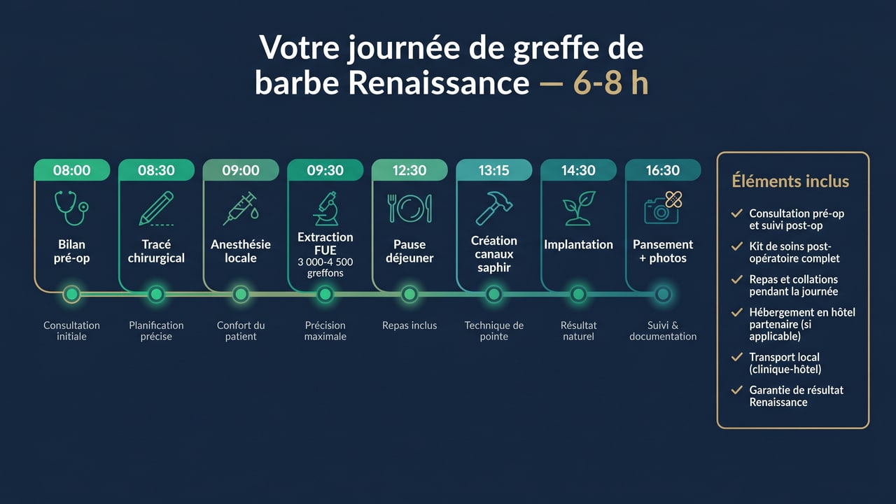 Déroulement d'une journée de greffe de barbe à Renaissance Clinique — 8 phases, 6-8 heures, anesthésie locale