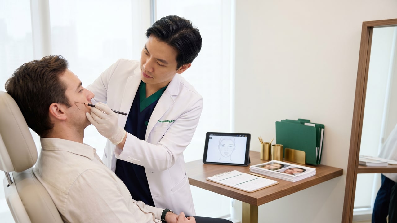 Design facial pré-opératoire greffe de barbe — tracé dermatologique personnalisé, validation patient avant intervention