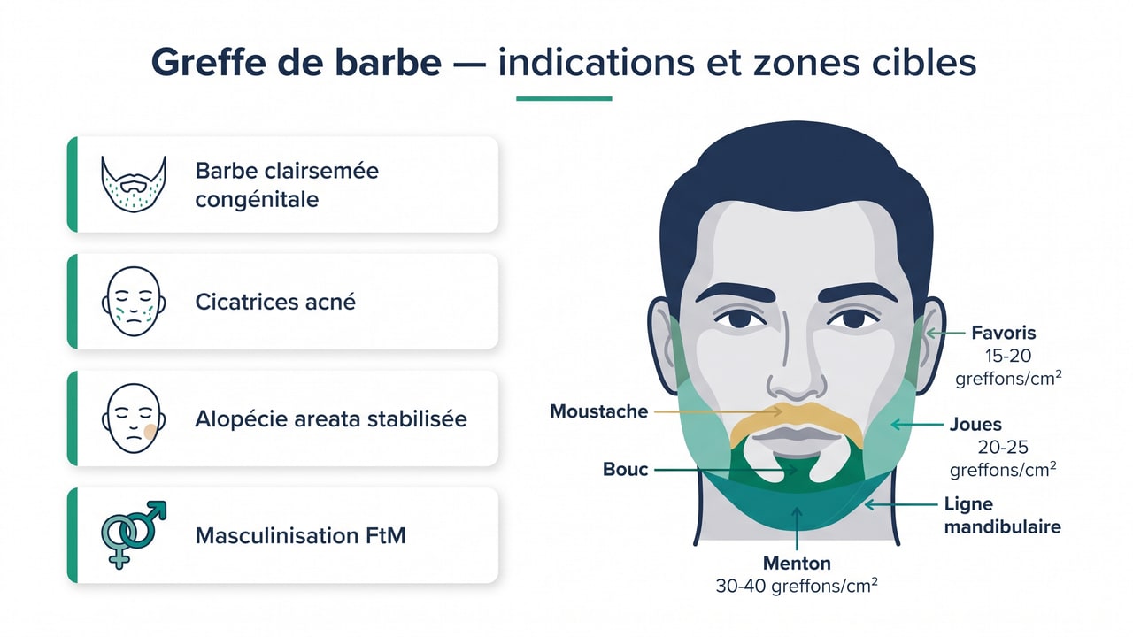 Indications et zones cibles d'une greffe de barbe — densité par région faciale, design personnalisé