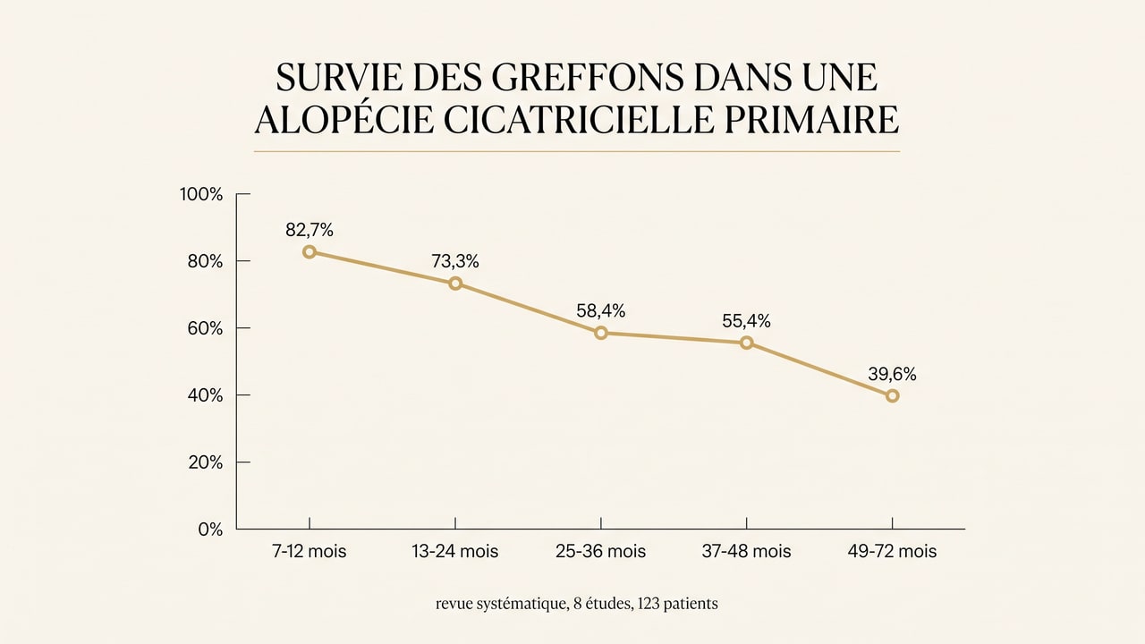 Courbe montrant la décroissance de la survie des greffons dans l'alopécie cicatricielle primaire, de 82,7 % à un an à 39,6 % à quatre-six ans