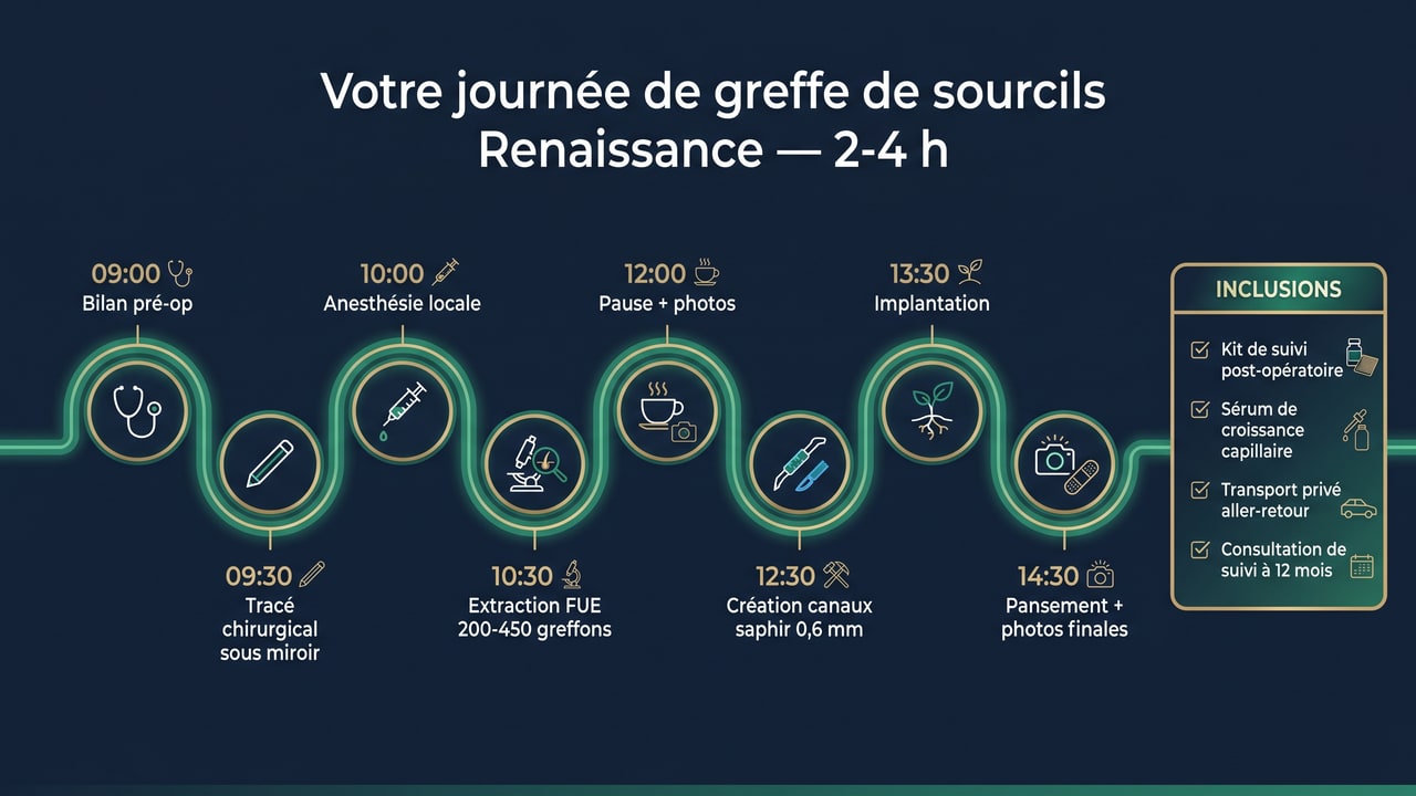 Déroulement d'une journée de greffe de sourcils à Renaissance Clinique — 8 phases, 2-4 heures, anesthésie locale