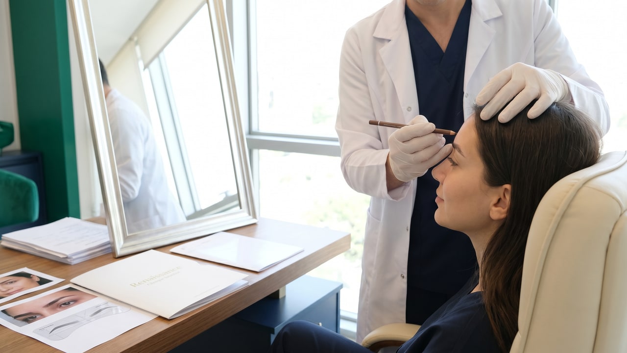 Design pré-opératoire greffe de sourcils — tracé dermatologique personnalisé, validation patient sous miroir