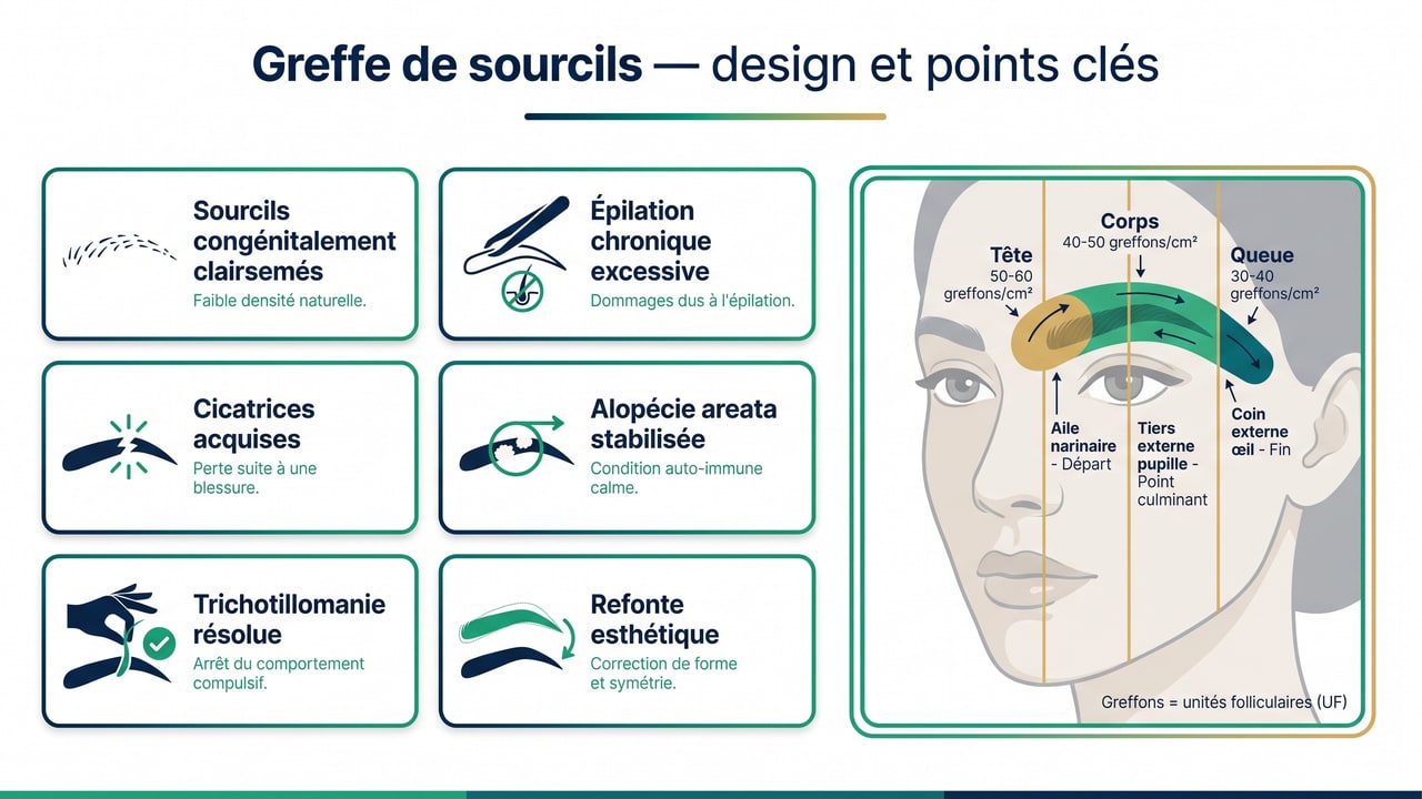 Indications et design d'une greffe de sourcils — points clés morphologiques, densité par zone