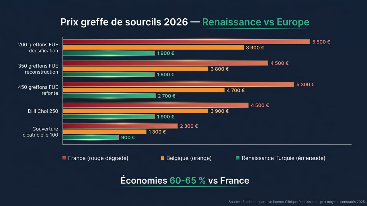 Comparatif prix greffe de sourcils Turquie vs France/Belgique/Suisse — économies 60-65 % avec Renaissance Clinique