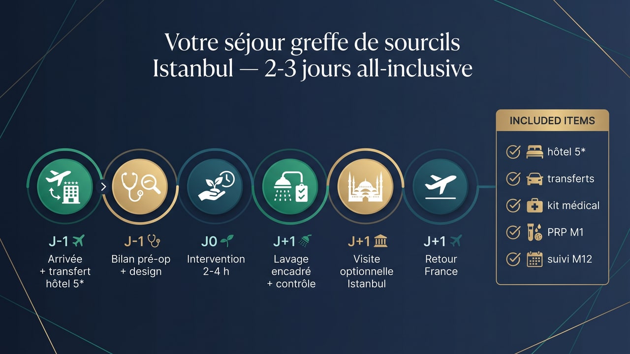 Logistique greffe de sourcils Istanbul Renaissance Clinique — séjour 2-3 jours all-inclusive avec suivi 12 mois