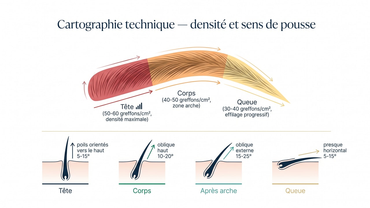 Cartographie densité et sens de pousse sourcil femme — gradation tête (50-60) → queue (30-40), angles 5-25°