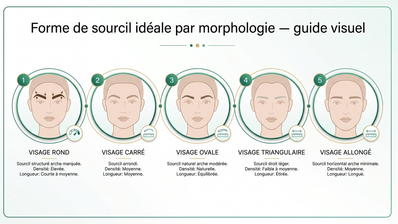 Morphologies de visage femme et formes sourcils idéales — rond/carré/ovale/triangulaire/allongé, design adapté