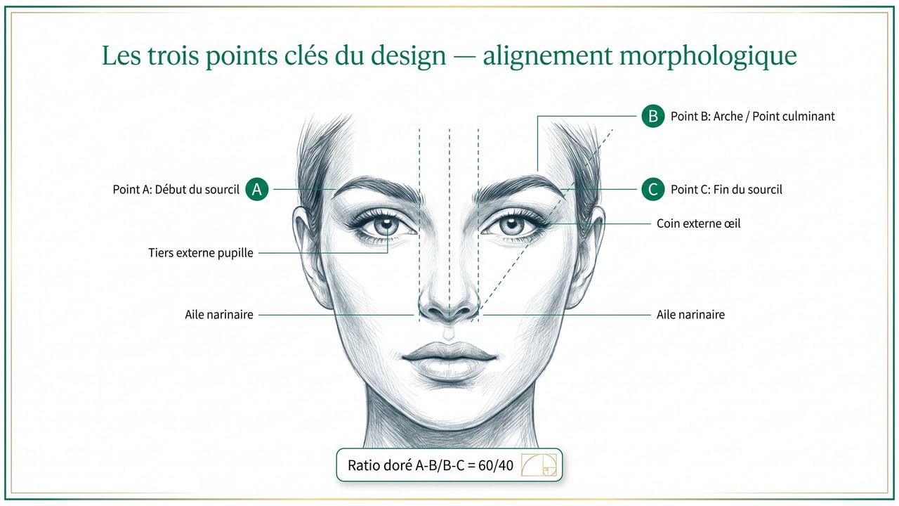 Trois points clés du design sourcil femme — début (aile narinaire), arche (tiers externe pupille), fin (ligne aile-œil)