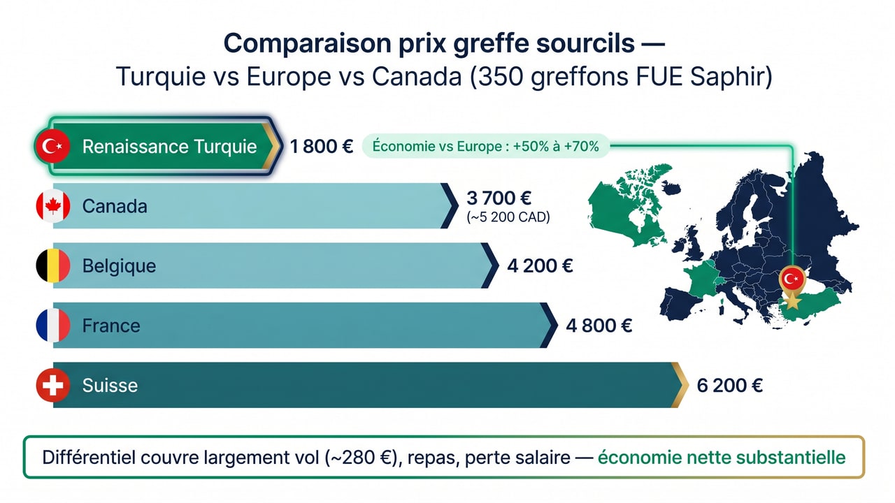 Comparaison prix greffe sourcils 350 greffons — Turquie 1 800 € vs France 4 800 € vs Suisse 6 200 €, économies 60-67 %