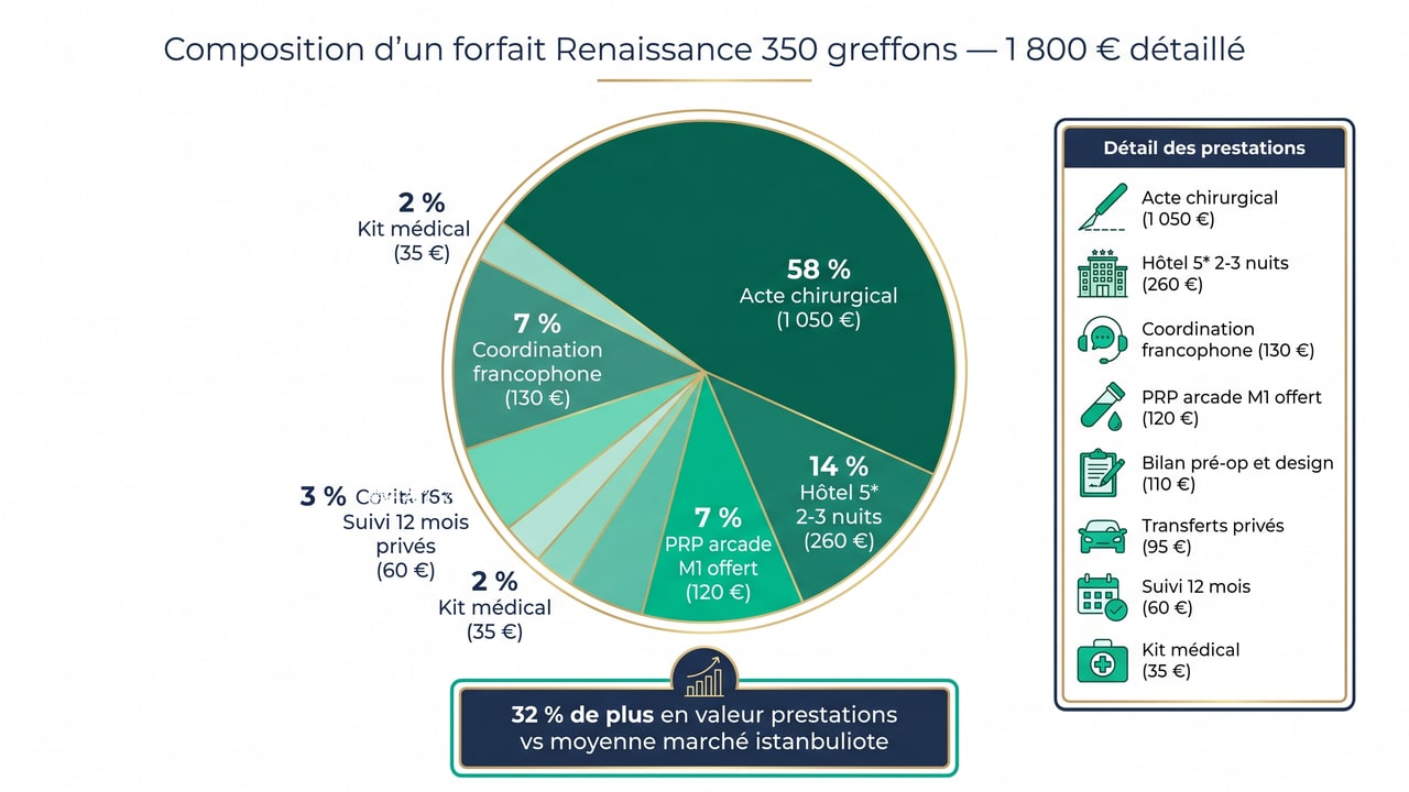 Composition forfait greffe sourcils Renaissance — 8 lignes détaillées, transparence tarifaire 1 800 €