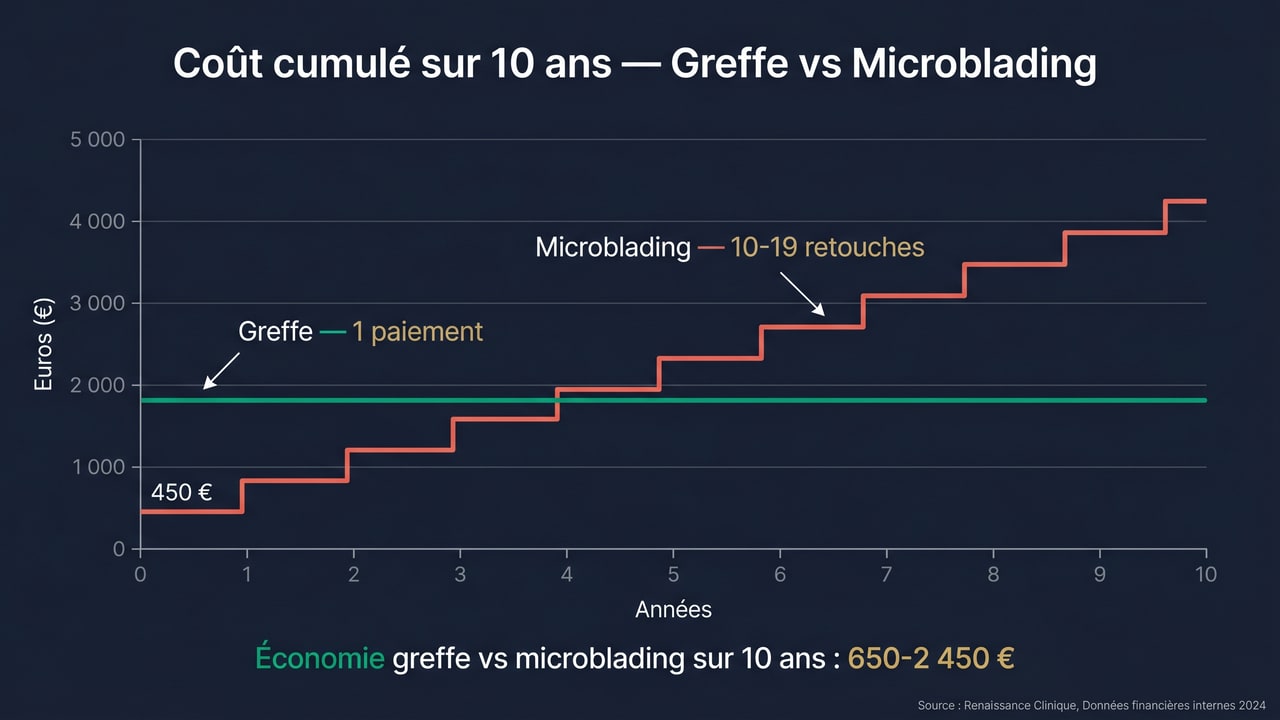 Coût cumulé 10 ans greffe sourcils vs microblading — 1 800 € définitif vs 2 450-4 250 € avec retouches annuelles
