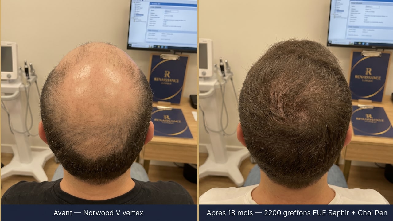 Cas clinique Norwood V vertex traité par 2200 greffons FUE Saphir et Choi Pen, comparatif à 18 mois