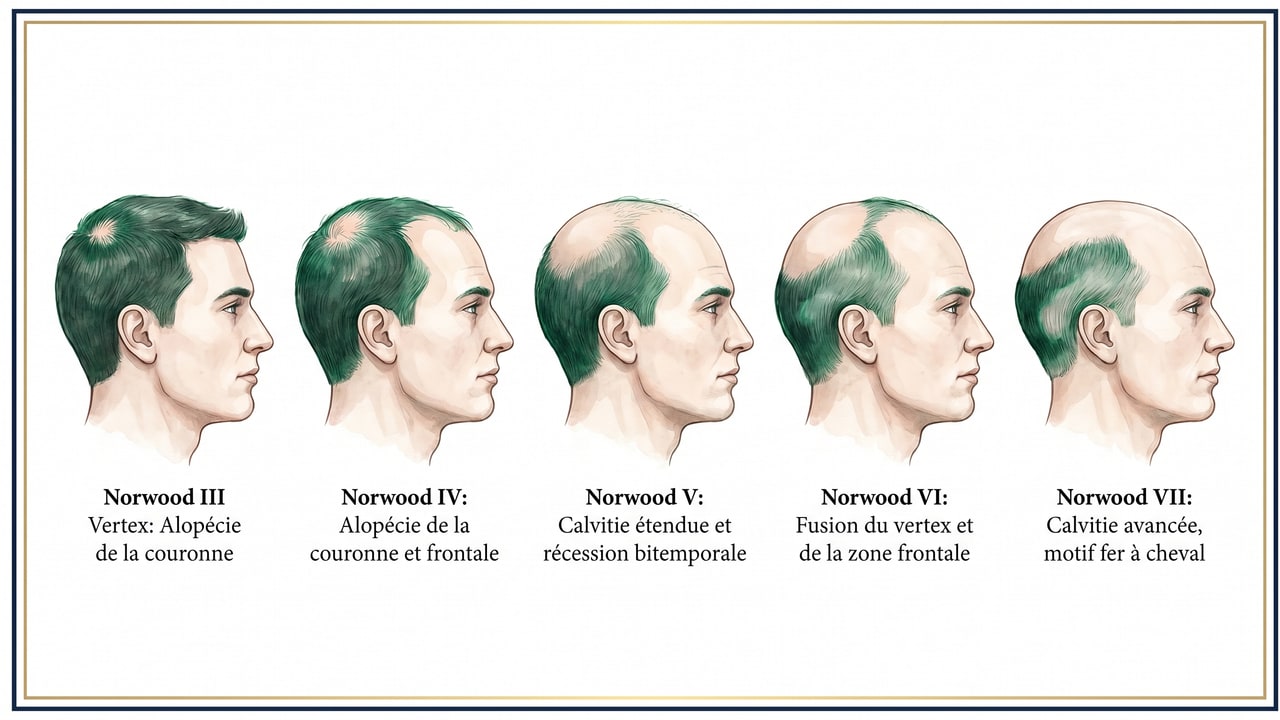Classification de Hamilton-Norwood stades III à VII illustrant l'évolution de l'alopécie vertex
