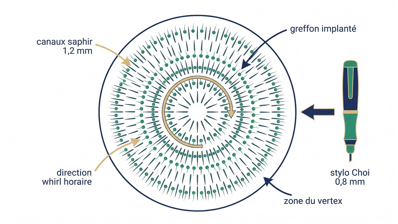 Schéma anatomique : combinaison technique FUE Saphir et Choi Pen sur zone vertex avec direction whirl