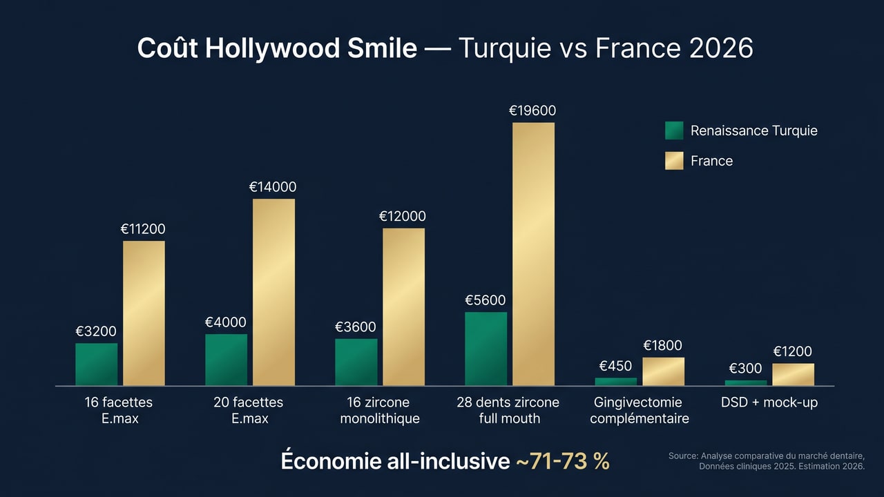 Graphique comparatif des prix Hollywood Smile entre Renaissance Turquie et la France selon configuration