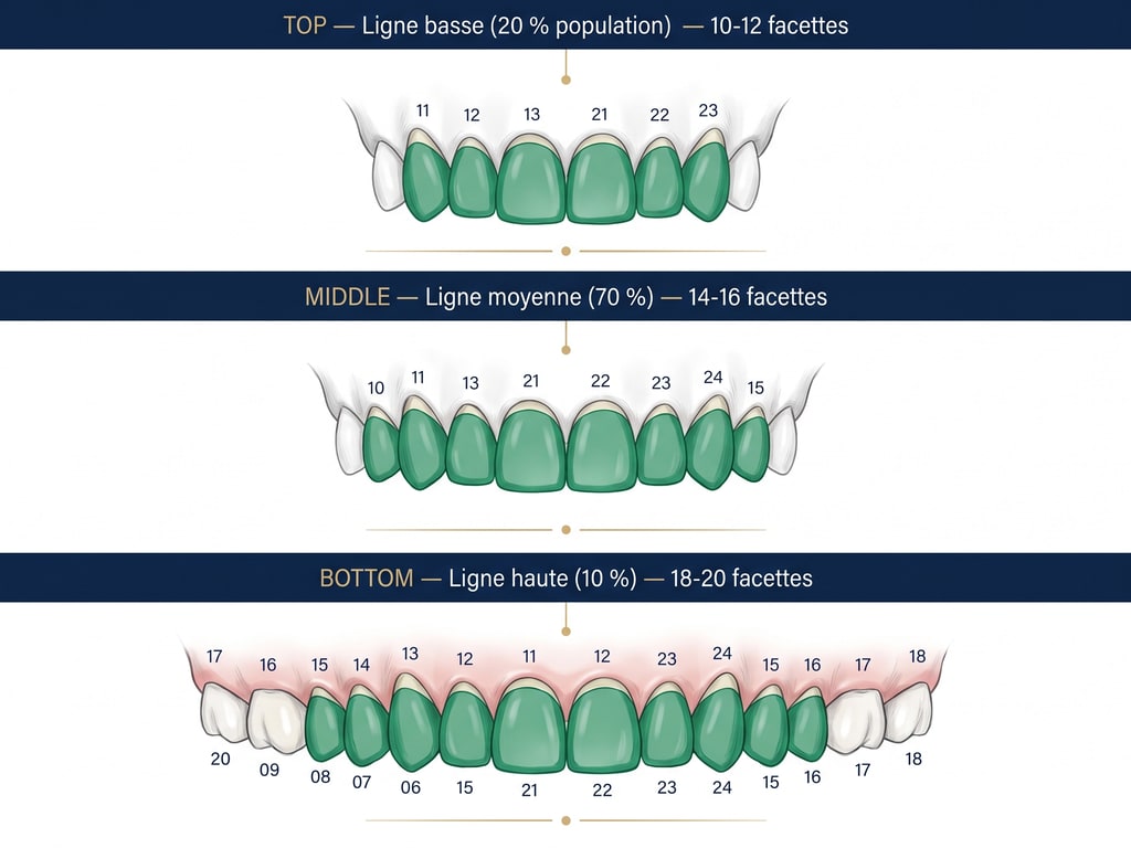 Schéma de répartition des facettes selon les trois lignes de sourire (basse, moyenne, haute)