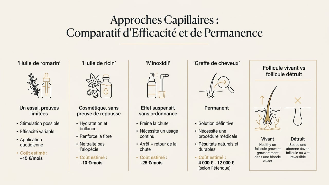 Infographie comparant huile de romarin, huile de ricin, minoxidil et greffe selon le niveau de preuve et la durabilité.