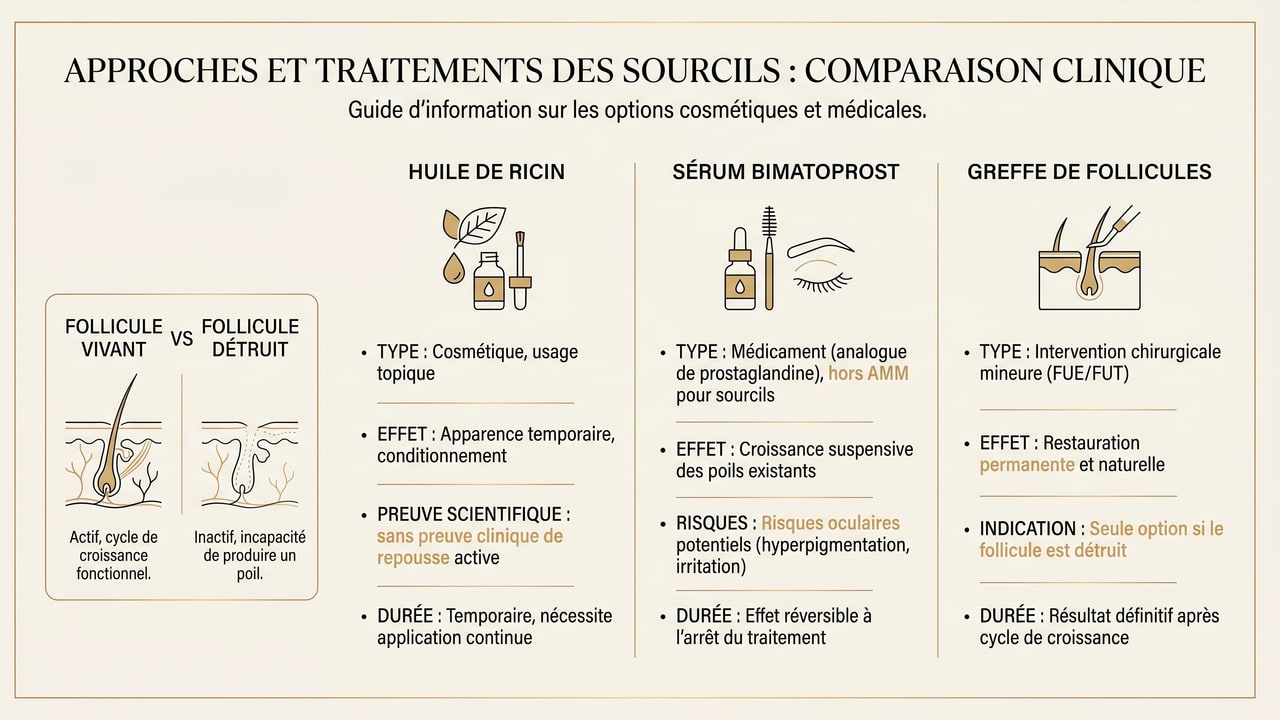 Infographie comparant huile de ricin, sérum au bimatoprost et greffe de sourcils selon l'état du follicule et la durabilité de l'effet.