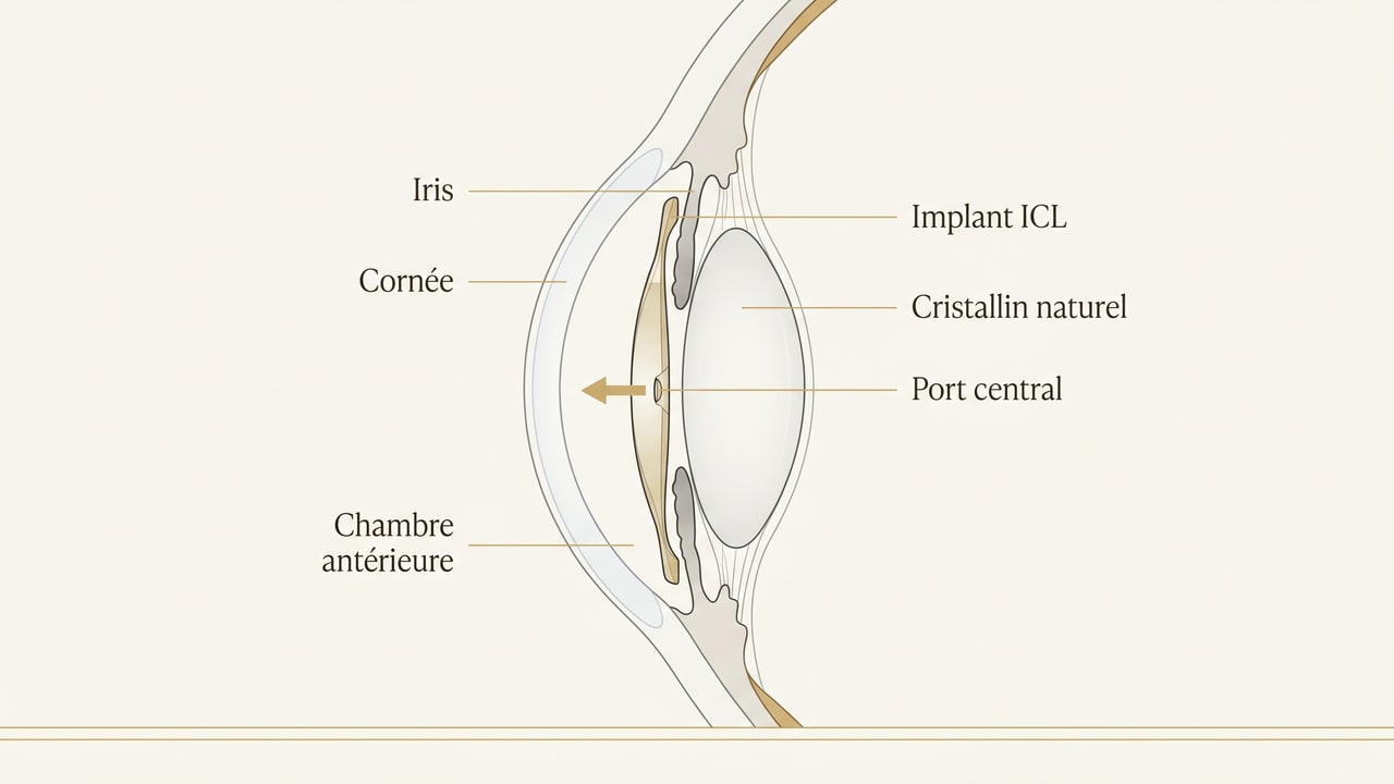 Schéma anatomique en coupe montrant l'implant ICL placé derrière l'iris, devant le cristallin naturel, sans toucher la cornée