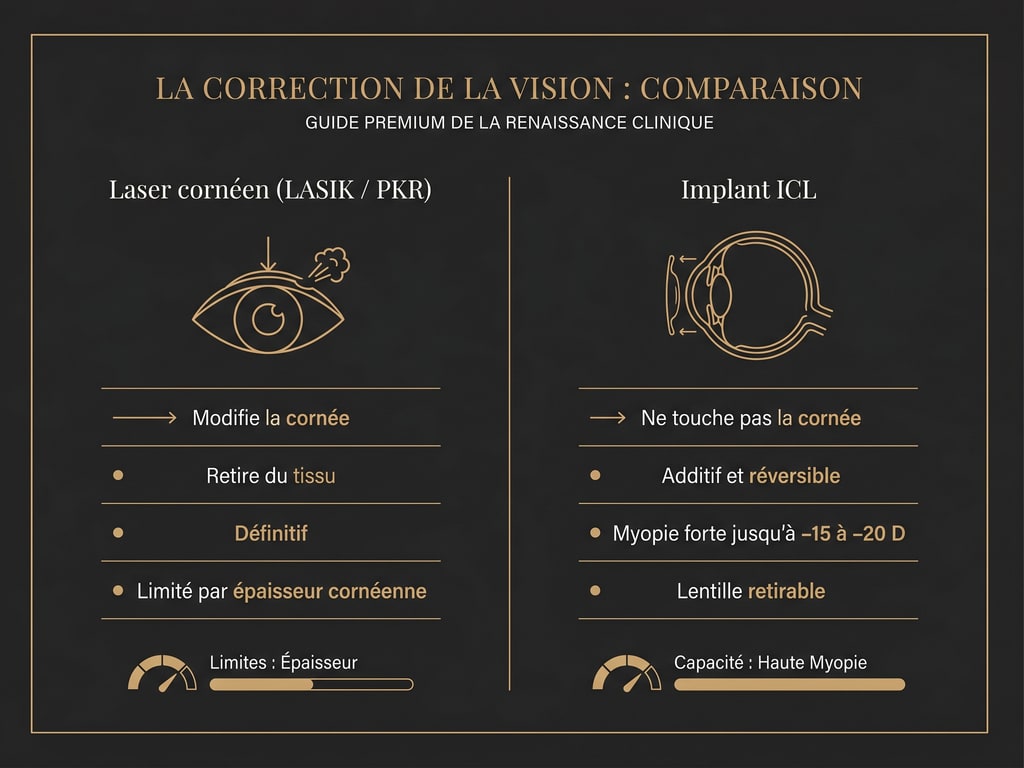 Infographie comparant l'approche laser cornéen (LASIK/PKR) qui modifie la cornée et l'implant ICL additif et réversible