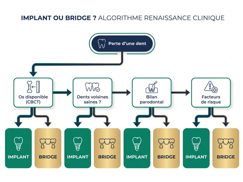 Algorithme de décision Renaissance Clinique : choix entre implant dentaire et bridge dentaire selon profil clinique