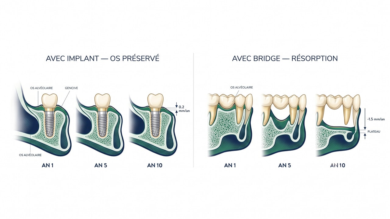 Schéma anatomique comparant la résorption osseuse sous un bridge dentaire vs autour d'un implant sur 10 ans