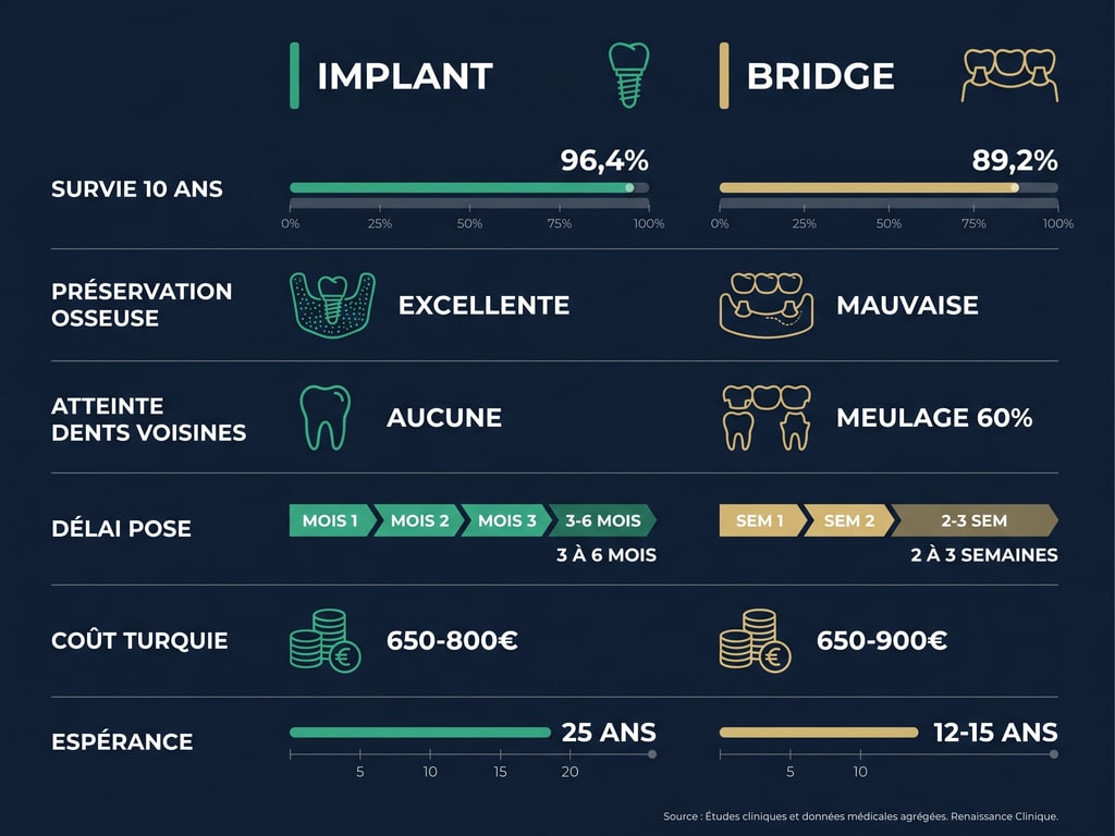 Tableau comparatif détaillé : implant dentaire vs bridge sur 6 critères cliniques