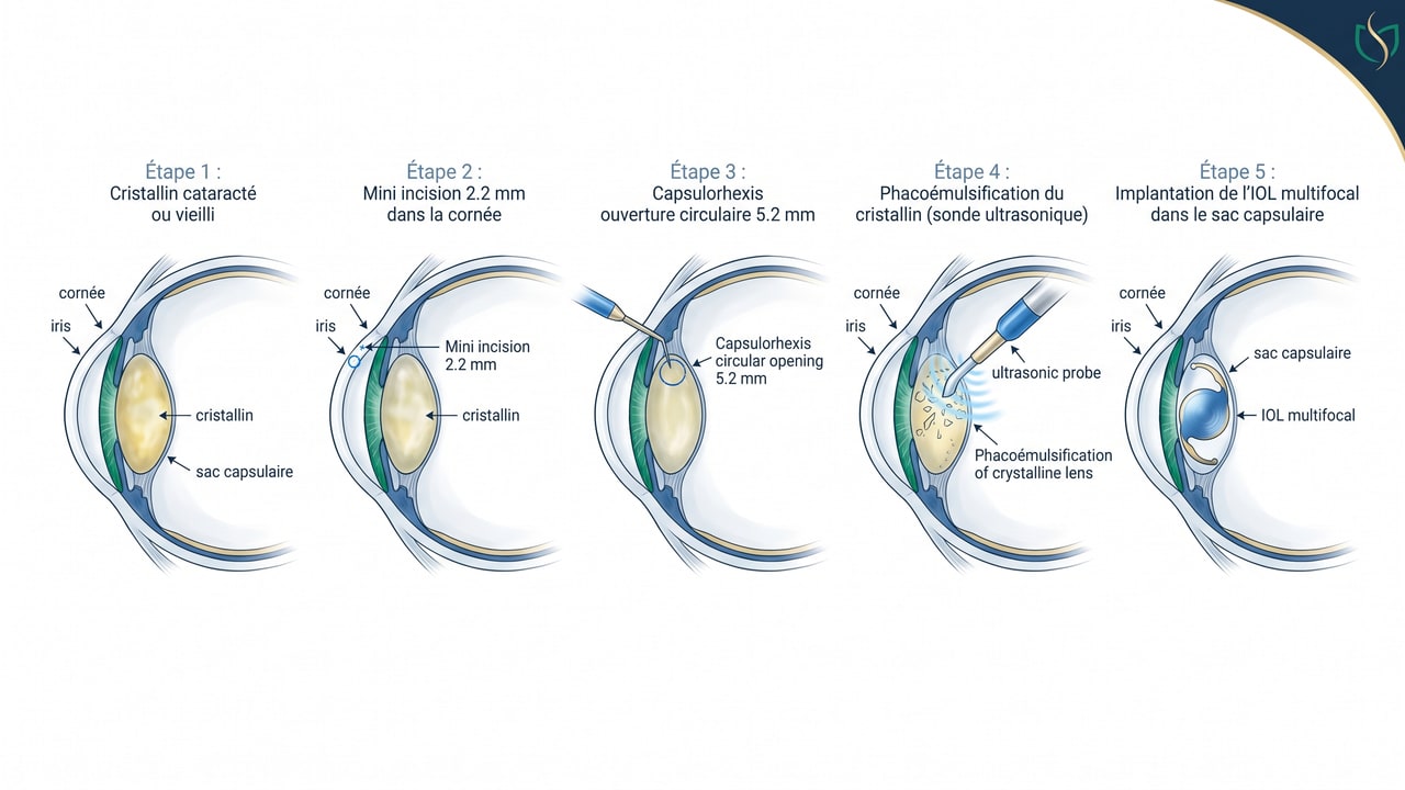 Schéma anatomique des cinq étapes chirurgicales du RLE/PRELEX avec implantation d'un IOL multifocal