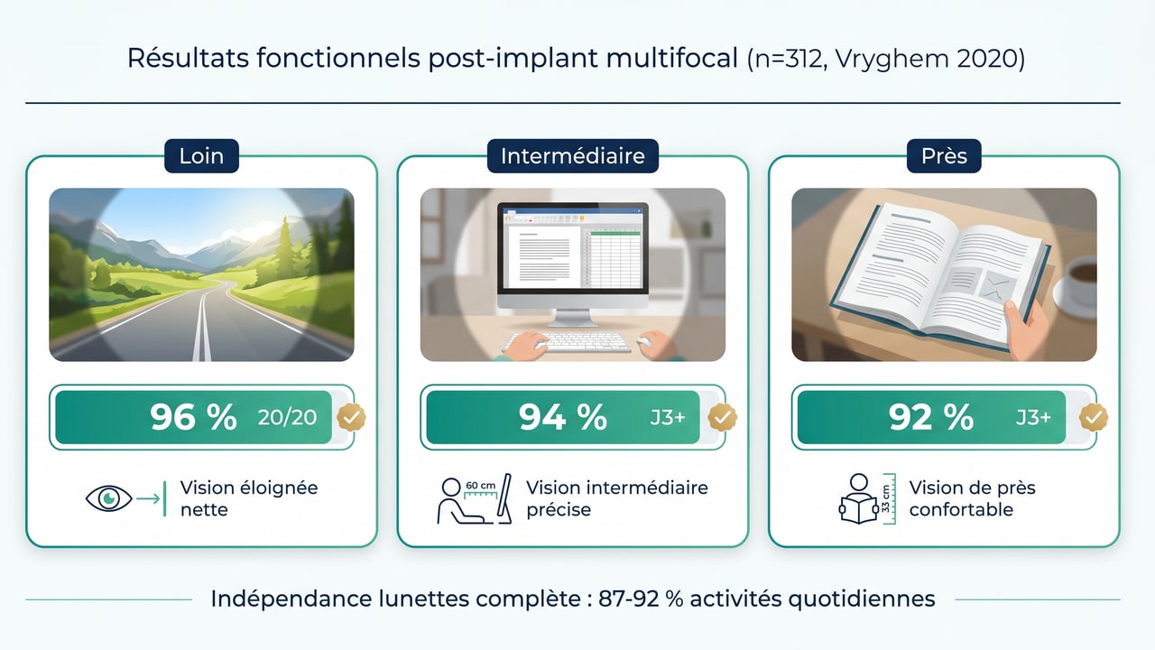 Résultats visuels à trois distances après implant multifocal selon l'étude <a href=