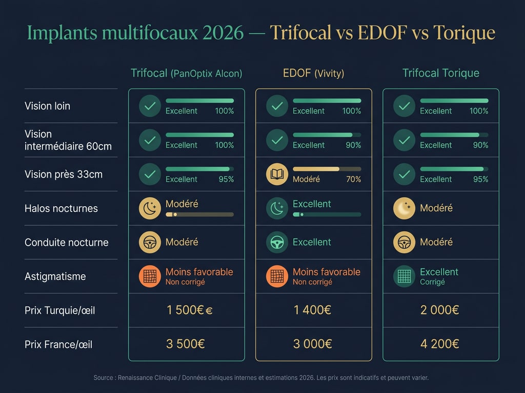 Tableau comparatif détaillé des trois familles d'implants multifocaux pour la presbytie